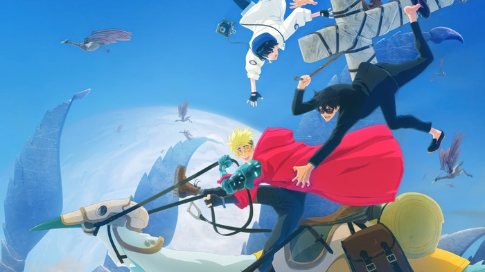 Trigun Stampede: Vash, Wolfwood, and Meryl in the Sky