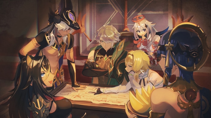 Genshin Impact characters gathered around a map