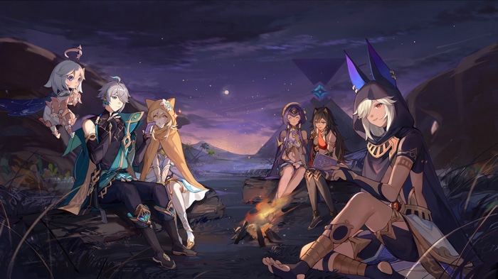 Genshin Impact characters by campfire at night 4K