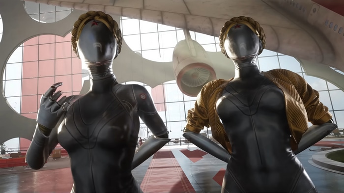 Atomic Heart robots in a futuristic hall