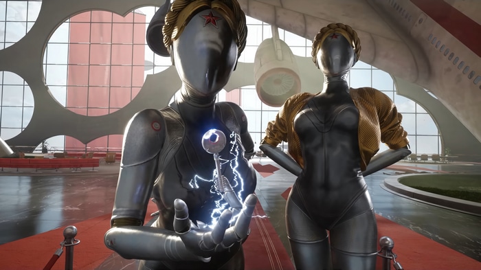 Atomic Heart robots with key and lightning