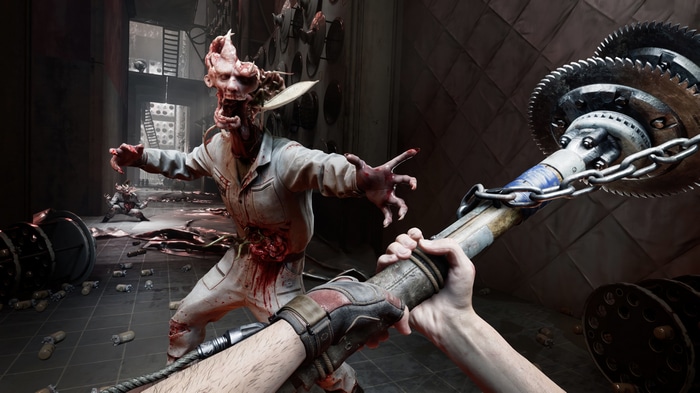 Atomic Heart: Player fights a mutated creature with a saw weapon