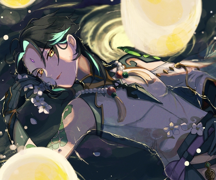Xiao from Genshin Impact with flowers