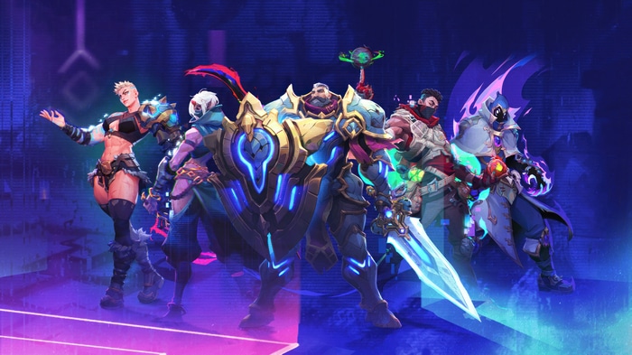 Wayfinder characters in a neon-lit environment
