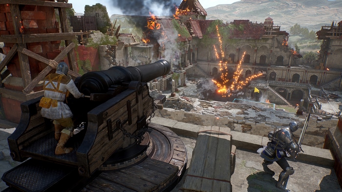 Warhaven 4K: Cannon firing at burning castle