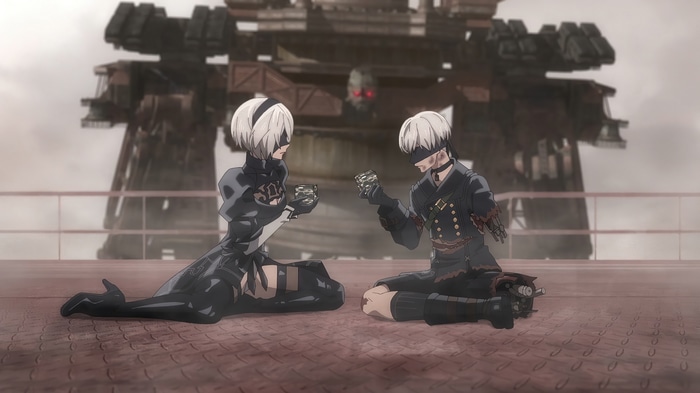 NieR:Automata Ver1.1a: 2B and A2 with a giant machine
