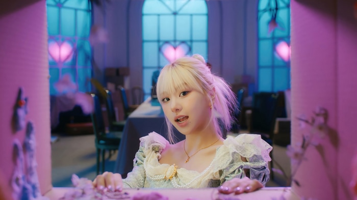 TWICE Chaeyoung in a pastel dress with heart decorations