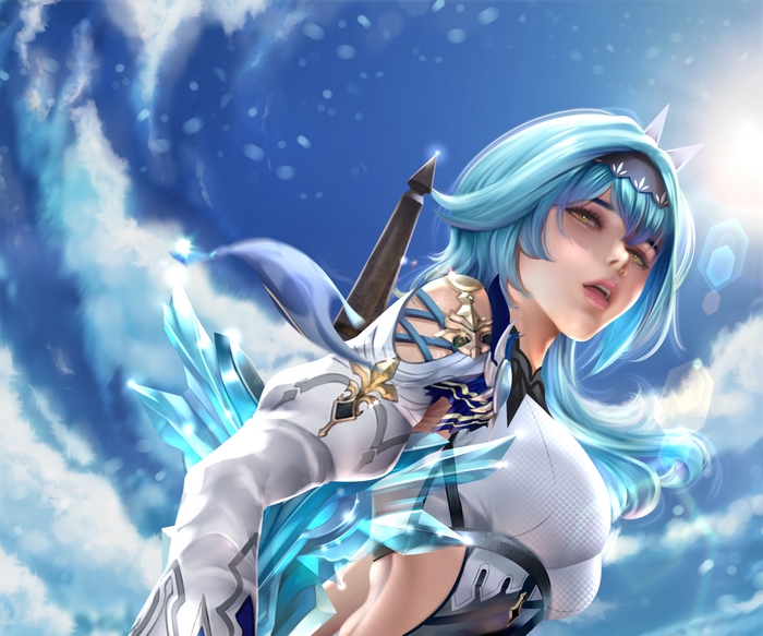 Eula from Genshin Impact with blue hair and green eyes