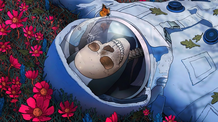 Skeleton Astronaut in Flowers 4K