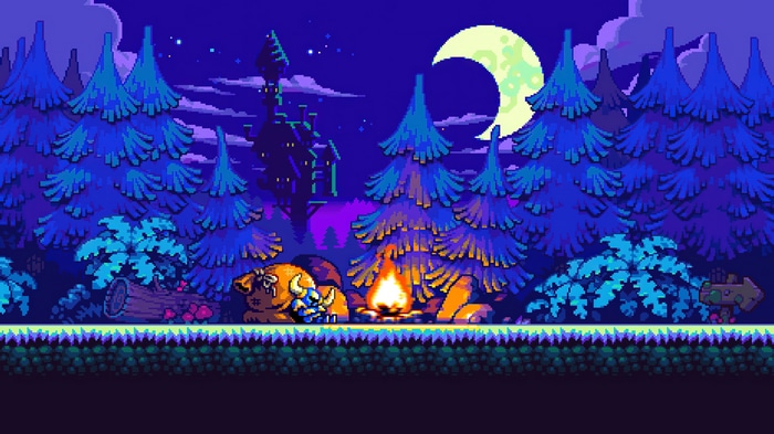 Shovel Knight by a Campfire at Night