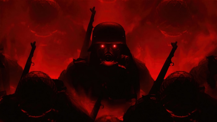 Soldier with Gas Mask and Rifle in Red Haze 4K