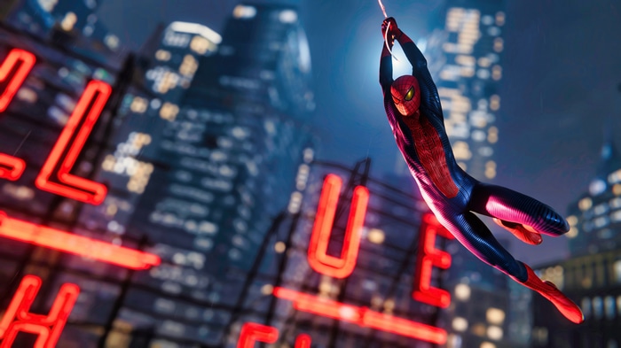 Spider-Man swinging through a neon city at night