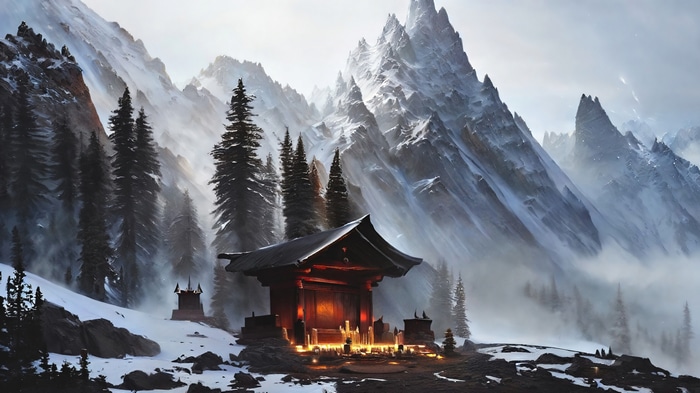 Mountain Shrine in Snowy Landscape 4K