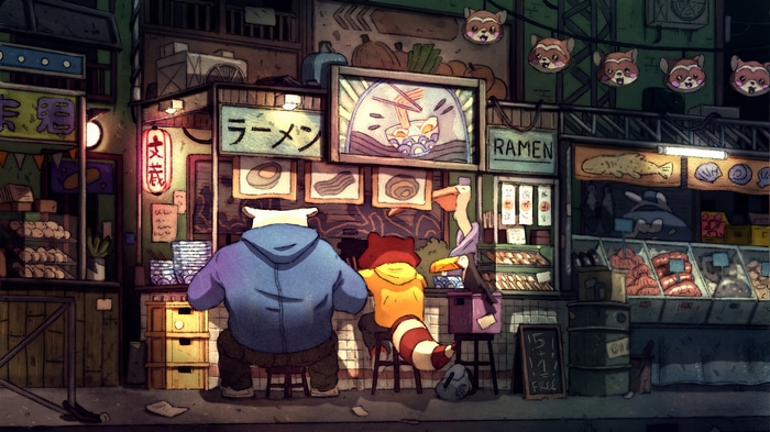Ramen Shop with Raccoons and a Bird