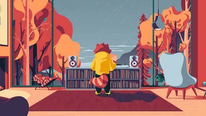 Lofi Raccoon Listening to Music in Autumn