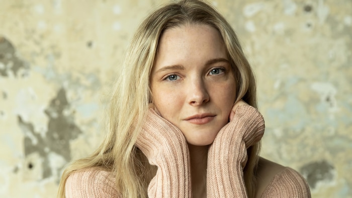 Blonde woman with blue eyes