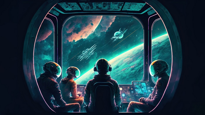 Astronauts in a spaceship looking at planets and spaceships