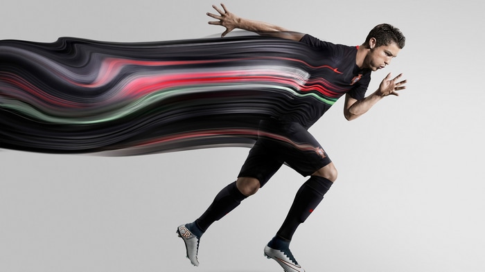 Cristiano Ronaldo in motion with abstract streaks