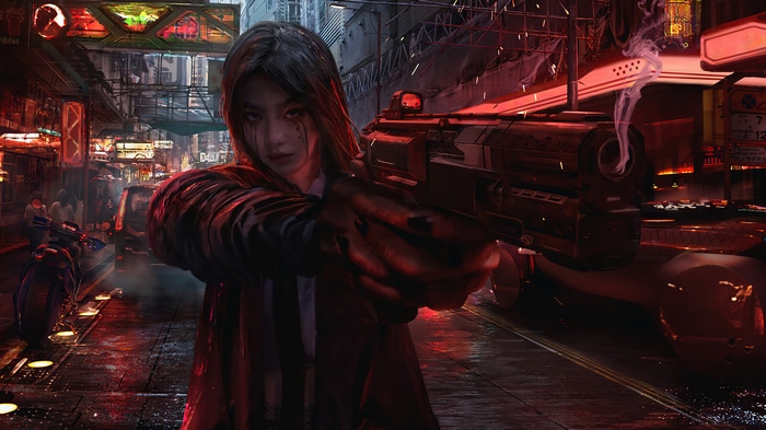 Girl with Gun in Cyberpunk City 4K