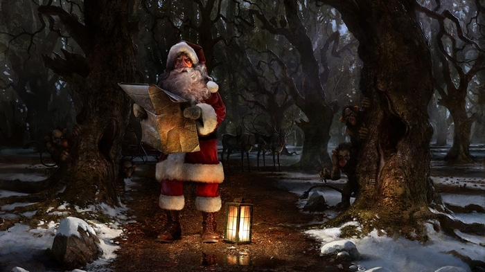 Santa Claus in a dark forest with a map