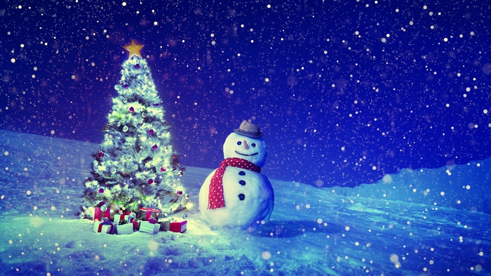 Christmas Tree and Snowman in Snowy Night 4K