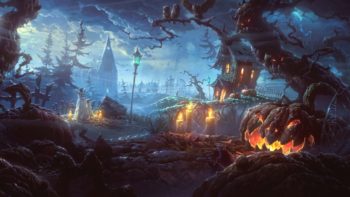 Halloween Graveyard with Jack-o'-lantern and Ghosts 4K