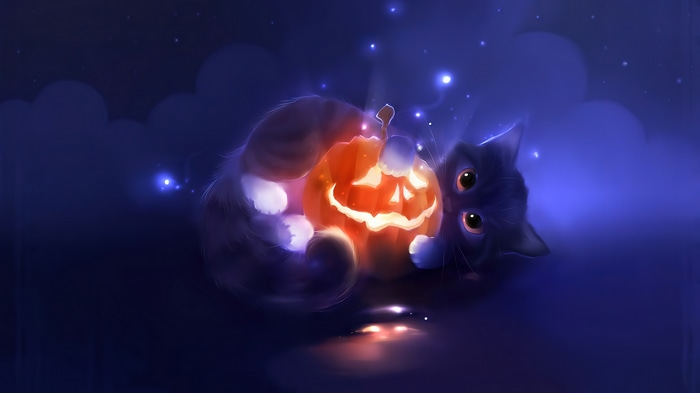 Halloween Cat with Glowing Pumpkin 4K