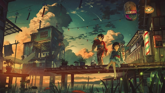 Anime Girls in Kimono at Dusk