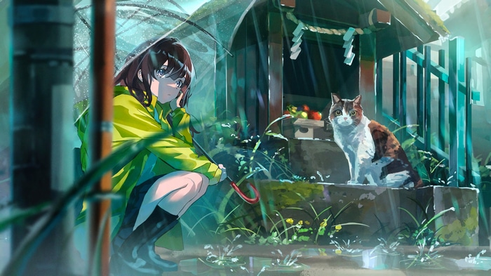 Anime girl and cat at a shrine in the rain 4K