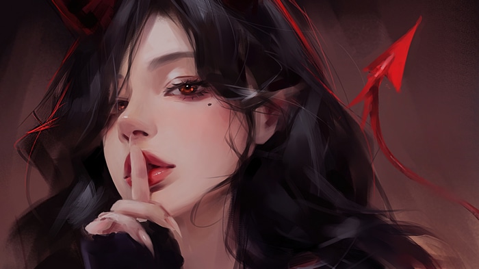 Beautiful Demon Girl with Red Horns and Tail 4K