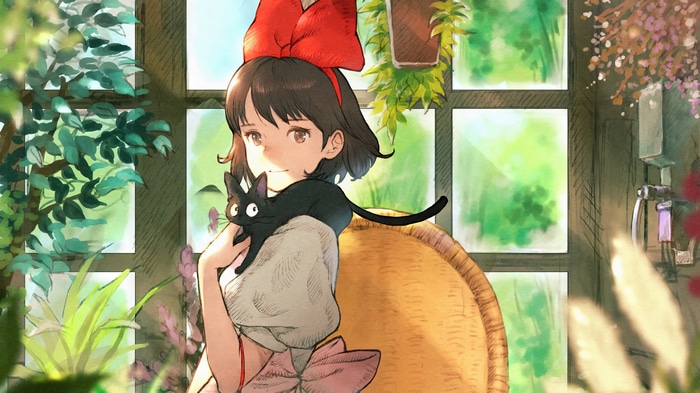 Anime Girl with Black Cat and Red Bow