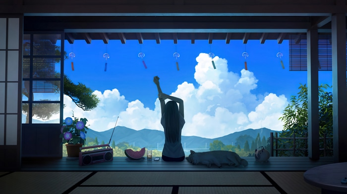 Anime girl stretching on a porch with a dog and a view
