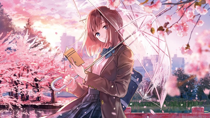 Anime Girl with Umbrella Reading Under Cherry Blossoms 4K