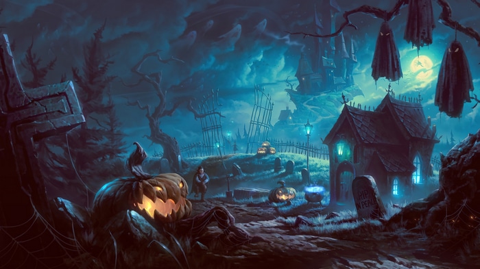 Halloween Graveyard with Pumpkins and Haunted House 4K