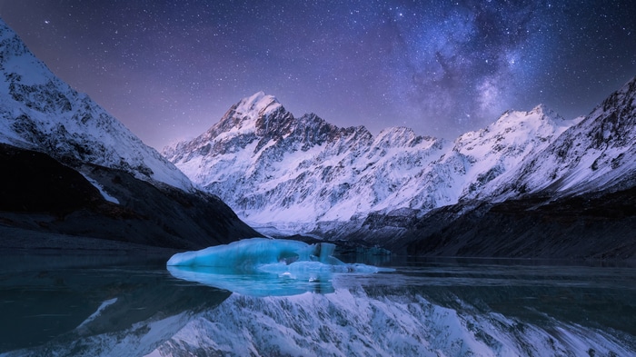 Snowy Mountains and Milky Way in New Zealand 4K