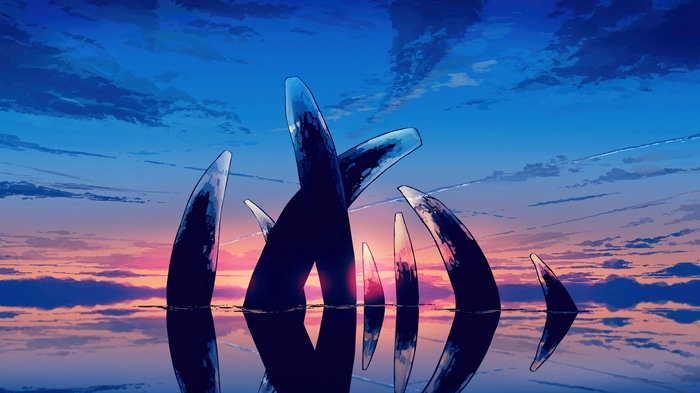 Anime Sunrise Over Water with Stone Structures 4K