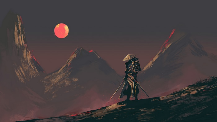 Samurai warrior standing in a mountainous landscape at sunset 4K
