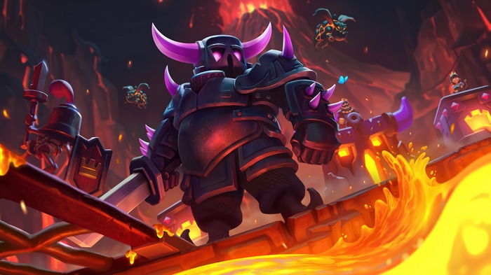 Clash Royale PEKKA in a fiery volcanic landscape