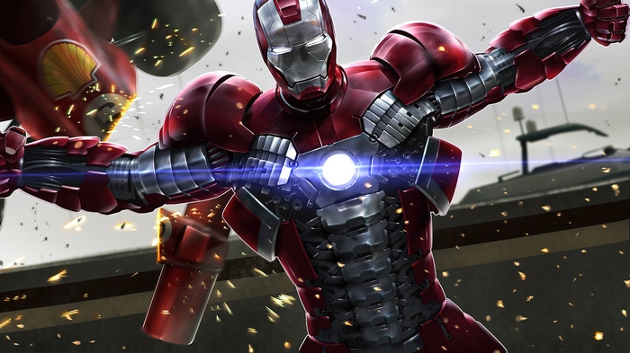 Iron Man in battle with a red armored opponent
