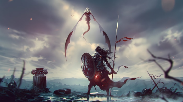 Warrior facing a dragon in a fantasy landscape 4K