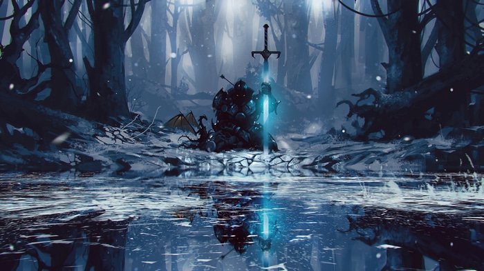 Knight with glowing sword and dragon in a snowy forest