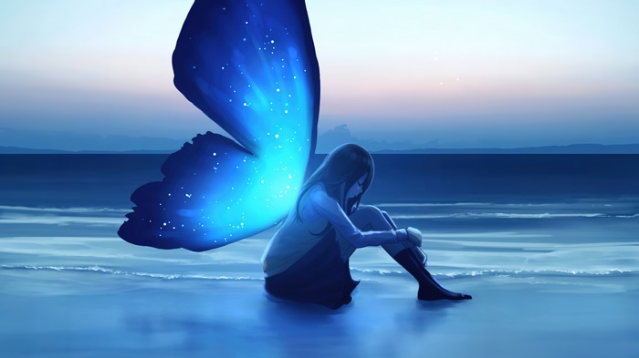 Anime Girl with Butterfly Wings by the Sea 4K
