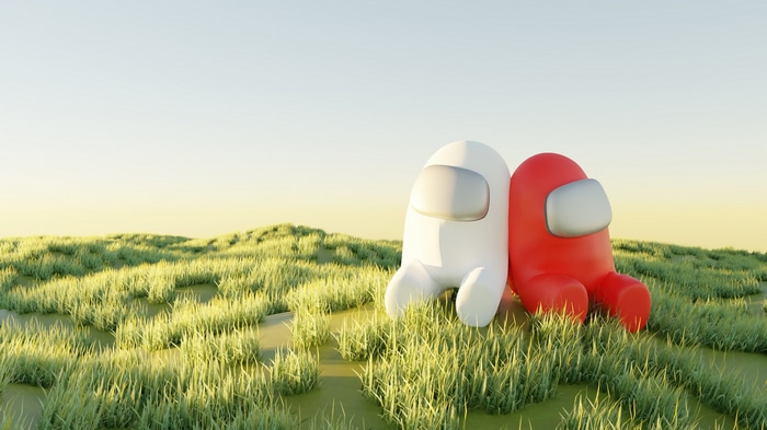 Among Us characters sitting in grass