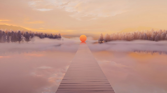 Windows 11 4K Scenery with Sun and Pier