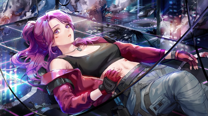 Anime Girl with Purple Hair in Cyberpunk City 4K
