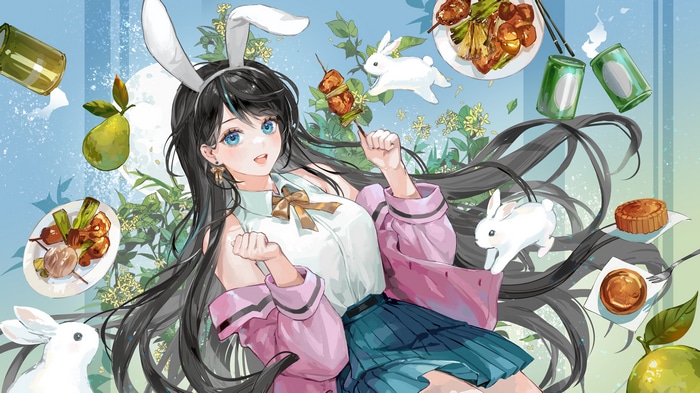 Anime Girl with Bunny Ears and Food