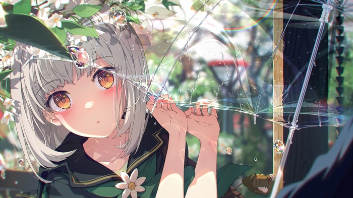 Anime Girl with White Hair and Orange Eyes Under Umbrella in Rain 4K