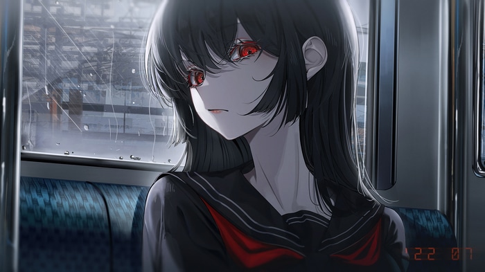 Anime Girl with Red Eyes on a Train 4K