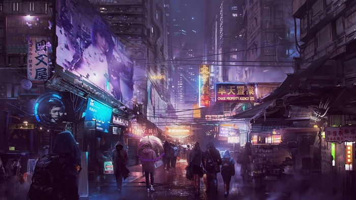 Cyberpunk City Street at Night with Neon Signs