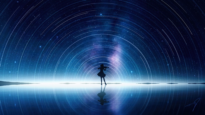 Anime Girl Playing Violin Under Starry Sky 4K